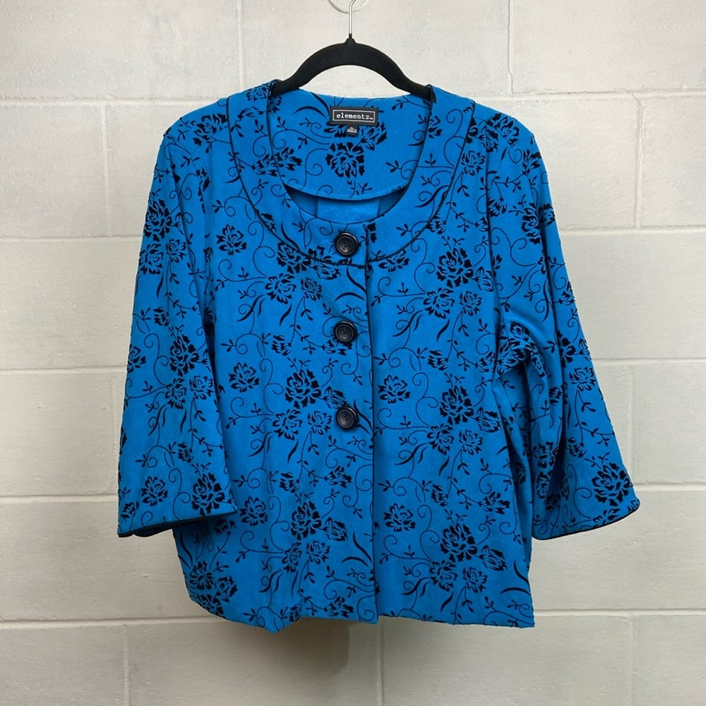 Elementz Women's Velvet‎ Button Down Blazer Jacket XLARGE Blue/Black *EUC